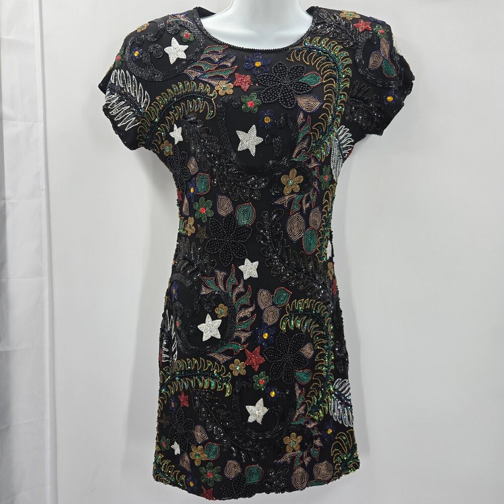 Eves Allure Vtg 90s Maximal Glam Celestial Stars Moon Silk Beaded Mini Dress S